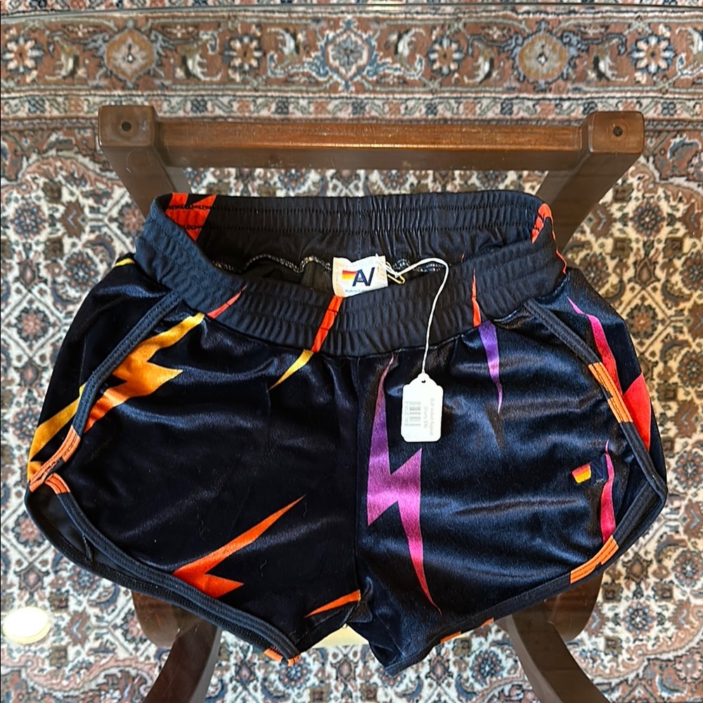 NWT Aviator Nation Black Shorts with Vibrant Lightning Design